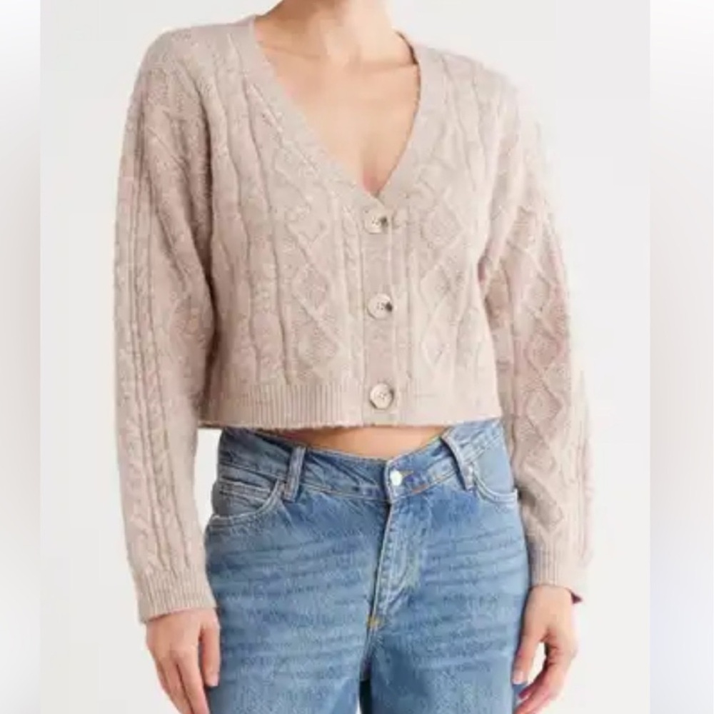 Topshop Cropped Cable Knit Wool Blend V-Neck Cardigan Sweater Size 12
